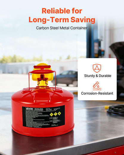 Safety Gas Can, 9.5 L Type I Red Safety Can for Gasoline with Stainless Steel Flame Arrester, Self-Closing Lid, and PE Funnel, Carbon Steel Flammable Storage Container with Ergonomic Handle