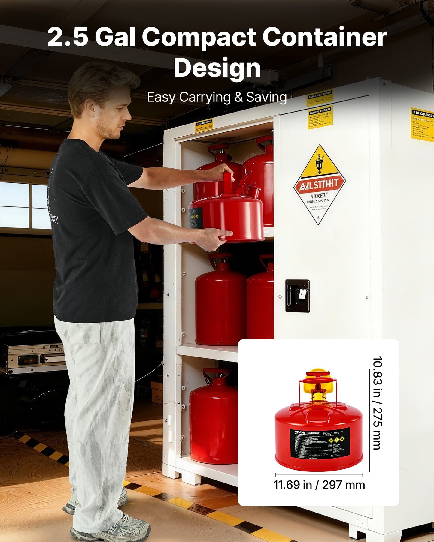 Safety Gas Can, 9.5 L Type I Red Safety Can for Gasoline with Stainless Steel Flame Arrester, Self-Closing Lid, and PE Funnel, Carbon Steel Flammable Storage Container with Ergonomic Handle