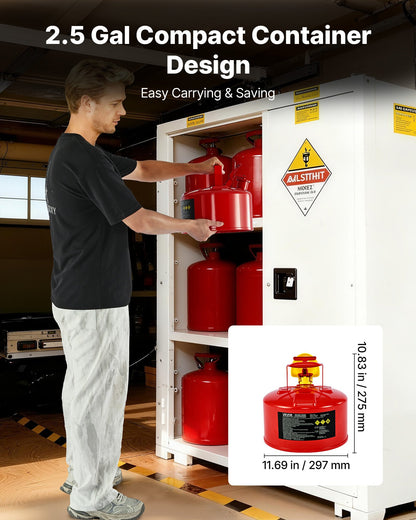 Safety Gas Can, 9.5 L Type I Red Safety Can for Gasoline with Stainless Steel Flame Arrester, Self-Closing Lid, and PE Funnel, Carbon Steel Flammable Storage Container with Ergonomic Handle