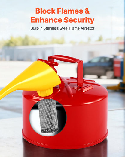 Safety Gas Can, 9.5 L Type I Red Safety Can for Gasoline with Stainless Steel Flame Arrester, Self-Closing Lid, and PE Funnel, Carbon Steel Flammable Storage Container with Ergonomic Handle