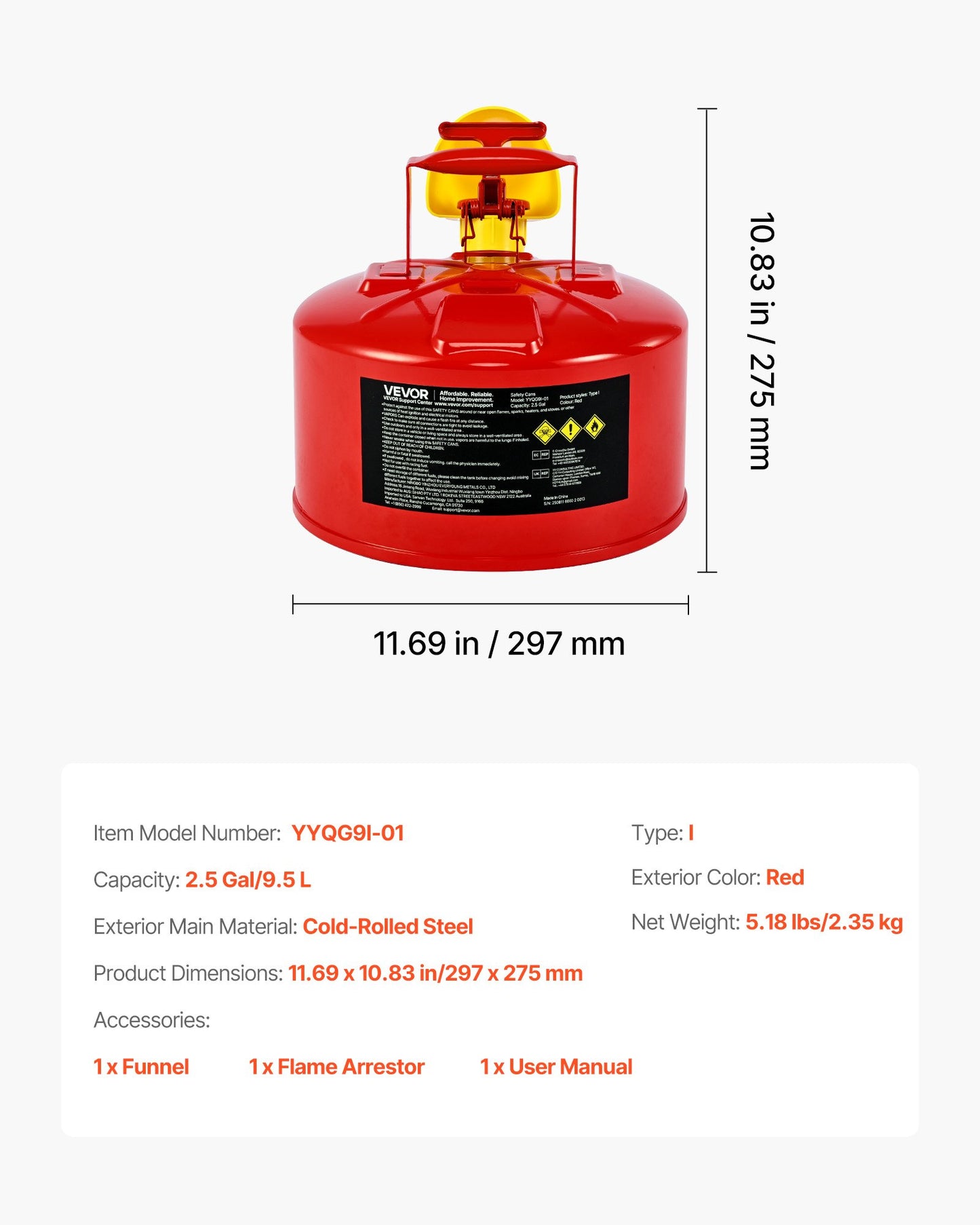 Safety Gas Can, 9.5 L Type I Red Safety Can for Gasoline with Stainless Steel Flame Arrester, Self-Closing Lid, and PE Funnel, Carbon Steel Flammable Storage Container with Ergonomic Handle
