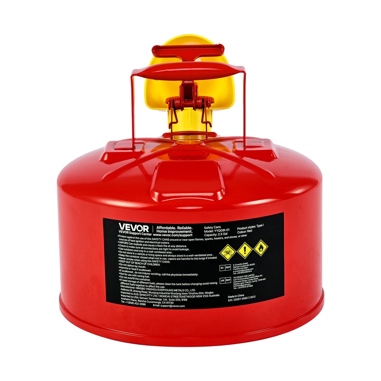 Safety Gas Can, 9.5 L Type I Red Safety Can for Gasoline with Stainless Steel Flame Arrester, Self-Closing Lid, and PE Funnel, Carbon Steel Flammable Storage Container with Ergonomic Handle