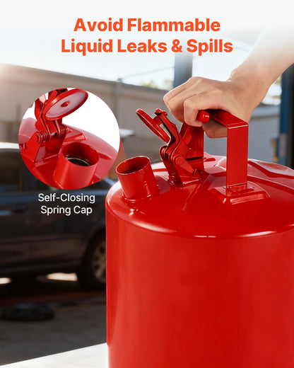 Safety Gas Can, 19 L Type I Red Safety Can for Gasoline with Stainless Steel Flame Arrester, Self-Closing Lid, and PE Funnel, Carbon Steel Flammable Fuel Storage Container with Ergonomic Handle