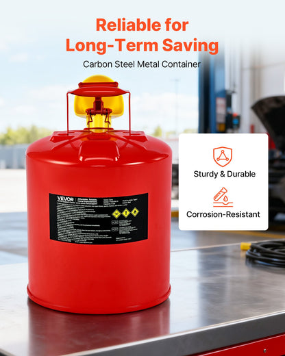 Safety Gas Can, 19 L Type I Red Safety Can for Gasoline with Stainless Steel Flame Arrester, Self-Closing Lid, and PE Funnel, Carbon Steel Flammable Fuel Storage Container with Ergonomic Handle