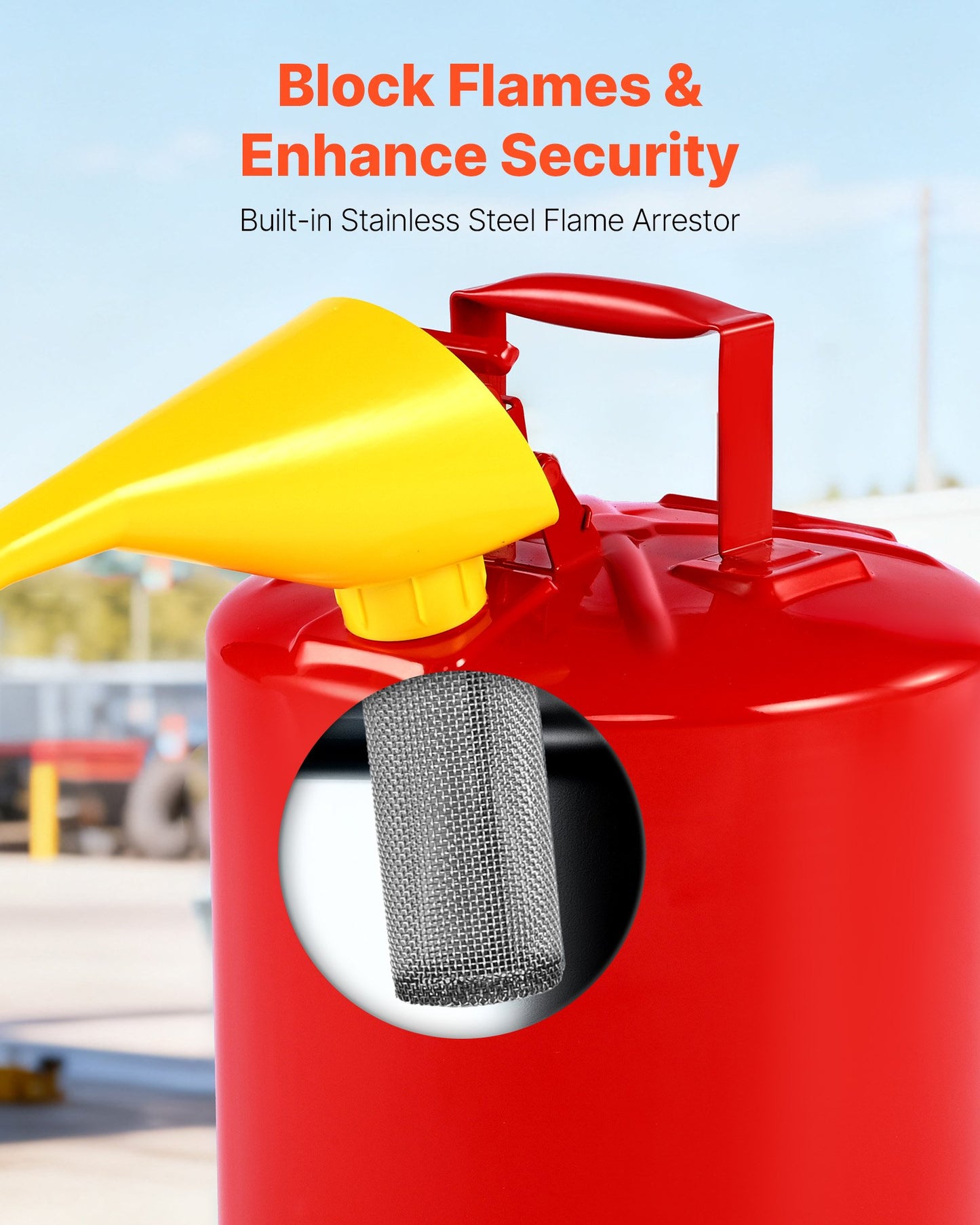 Safety Gas Can, 19 L Type I Red Safety Can for Gasoline with Stainless Steel Flame Arrester, Self-Closing Lid, and PE Funnel, Carbon Steel Flammable Fuel Storage Container with Ergonomic Handle