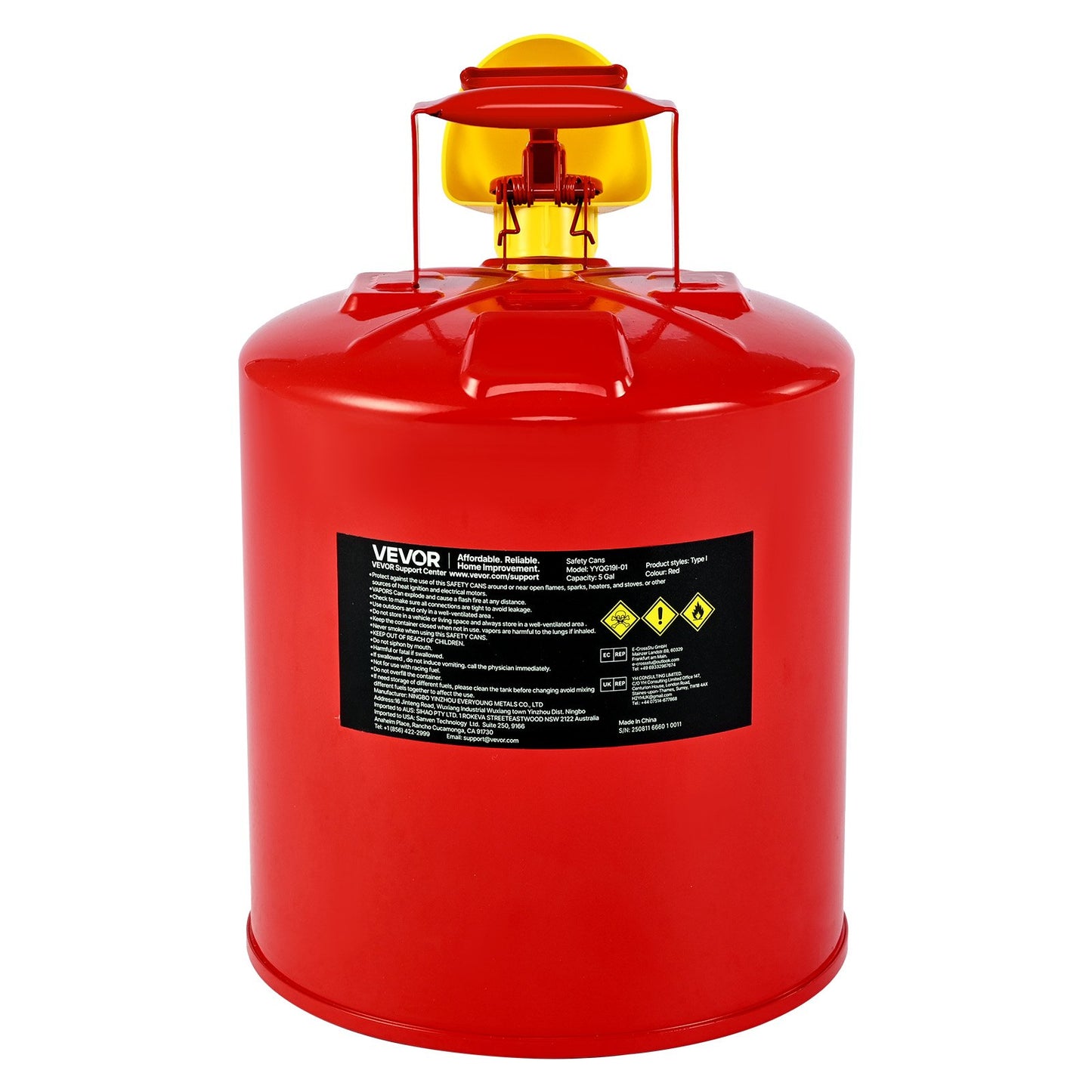 Safety Gas Can, 19 L Type I Red Safety Can for Gasoline with Stainless Steel Flame Arrester, Self-Closing Lid, and PE Funnel, Carbon Steel Flammable Fuel Storage Container with Ergonomic Handle