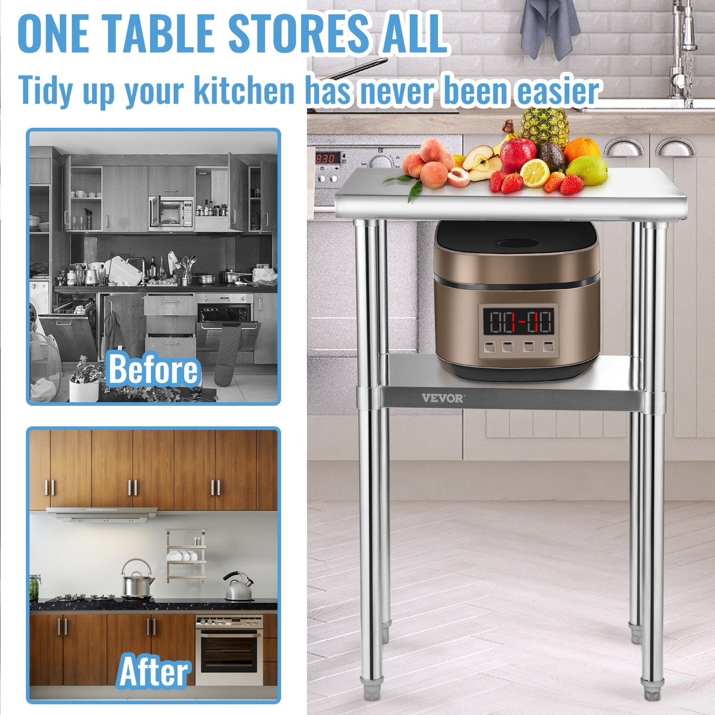 Stainless Steel Commercial Prep Table with Adjustable Undershelf, 0.65x0.46m