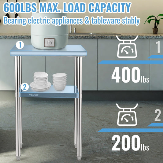 Stainless Steel Commercial Prep Table with Adjustable Undershelf, 0.65x0.46m