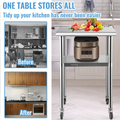 VEVOR Stainless Steel Prep Table, 61 x 61 x 91.4 cm, 600lbs Load Capacity Heavy