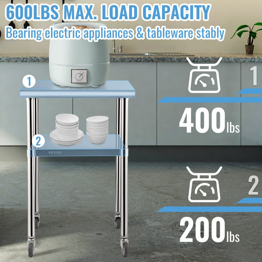 Stainless Steel Workstation with Adjustable Shelf & Wheels, 600 kg Capacity