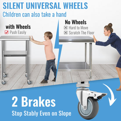 VEVOR Stainless Steel Prep Table, 61 x 61 x 91.4 cm, 600lbs Load Capacity Heavy