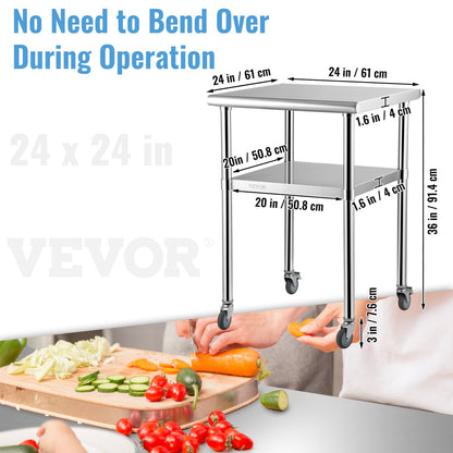 VEVOR Stainless Steel Prep Table, 61 x 61 x 91.4 cm, 600lbs Load Capacity Heavy