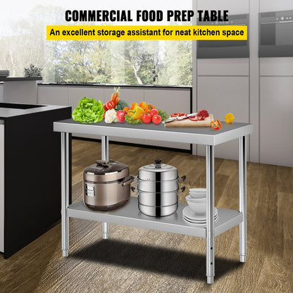 VEVOR Stainless Steel Prep Table, 122 x 46 x 86 cm, 250kg Load Capacity Heavy Duty