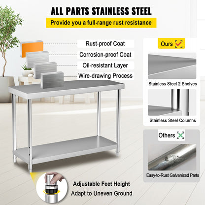 VEVOR Stainless Steel Prep Table, 122 x 46 x 86 cm, 250kg Load Capacity Heavy Duty
