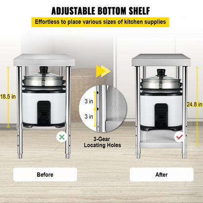 Heavy Duty Stainless Steel Worktable with Adjustable Undershelf, 250kg Capacity