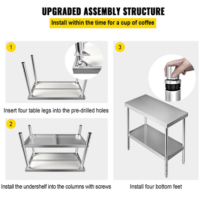 VEVOR Stainless Steel Prep Table, 122 x 46 x 86 cm, 250kg Load Capacity Heavy Duty