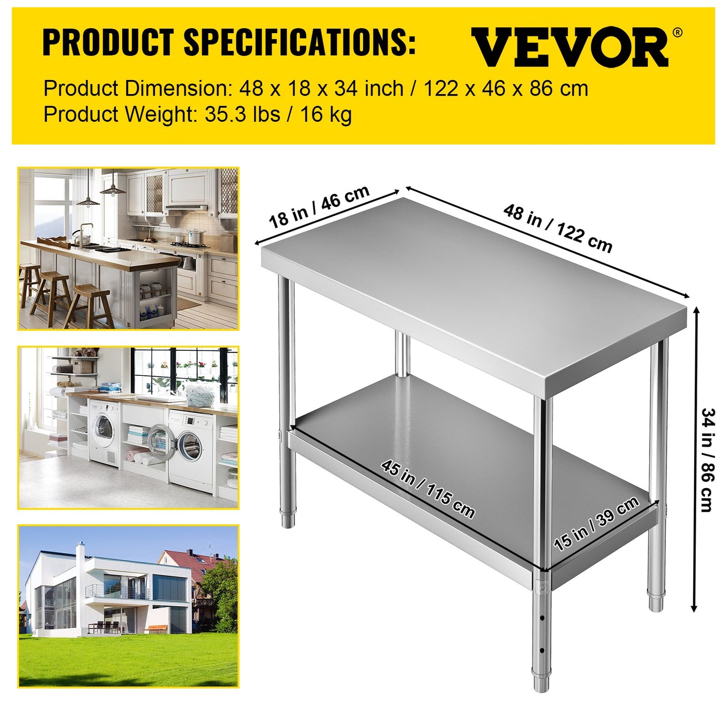 VEVOR Stainless Steel Prep Table, 122 x 46 x 86 cm, 250kg Load Capacity Heavy Duty