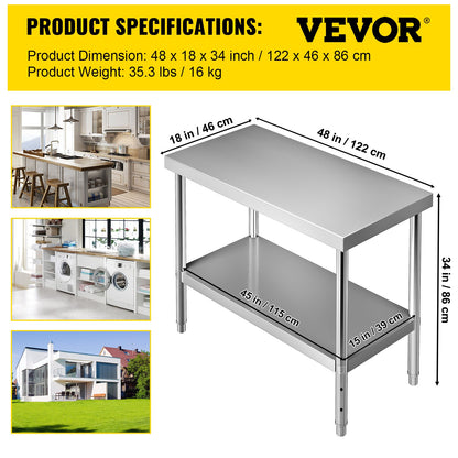 VEVOR Stainless Steel Prep Table, 122 x 46 x 86 cm, 250kg Load Capacity Heavy Duty