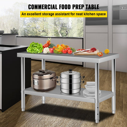 VEVOR Stainless Steel Prep Table, 122 x 76 x 87 cm, 250kg Load Capacity Heavy Duty