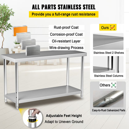 VEVOR Stainless Steel Prep Table, 122 x 76 x 87 cm, 250kg Load Capacity Heavy Duty