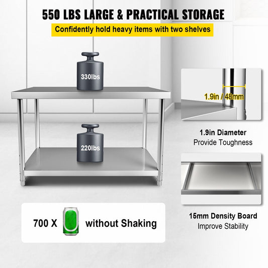 Heavy Duty Stainless Steel Worktable, 1.22 x 0.76 x 0.87m, 250kg Capacity