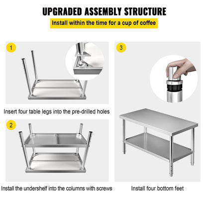 VEVOR Stainless Steel Prep Table, 122 x 76 x 87 cm, 250kg Load Capacity Heavy Duty