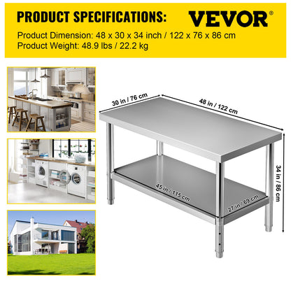 VEVOR Stainless Steel Prep Table, 122 x 76 x 87 cm, 250kg Load Capacity Heavy Duty