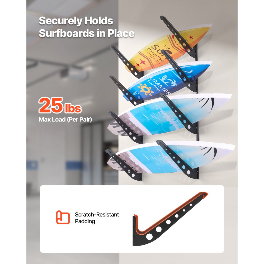 Surfboard Wall Mount 4 Tiers Horizontal Surfboard Rack for Storage Display