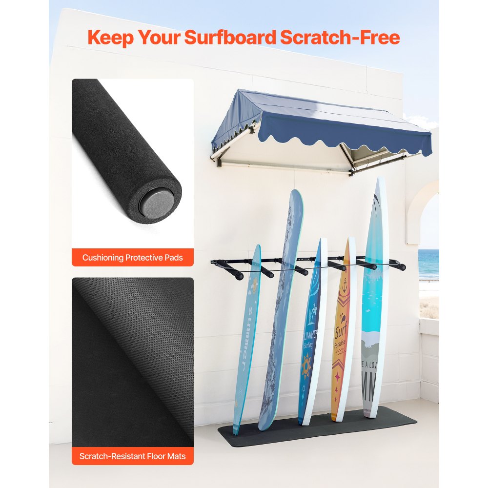 Surfboard Wall Mount 5 Tiers Vertical Surfboard Rack for Storage & Display