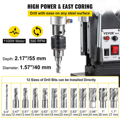 Magnetic Drill Press, 1100W, 40mm Boring Diameter, 12 Bits, 580 RPM, 11kg