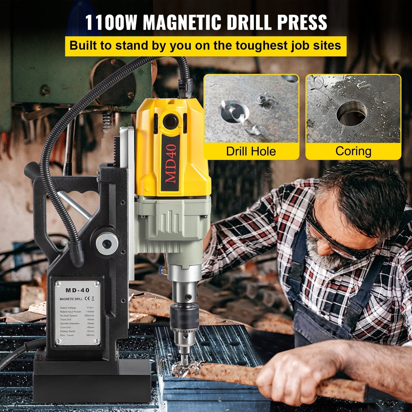 Powerful 1100W Magnetic Drill with 40mm Boring Diameter and 12000N Suction Power