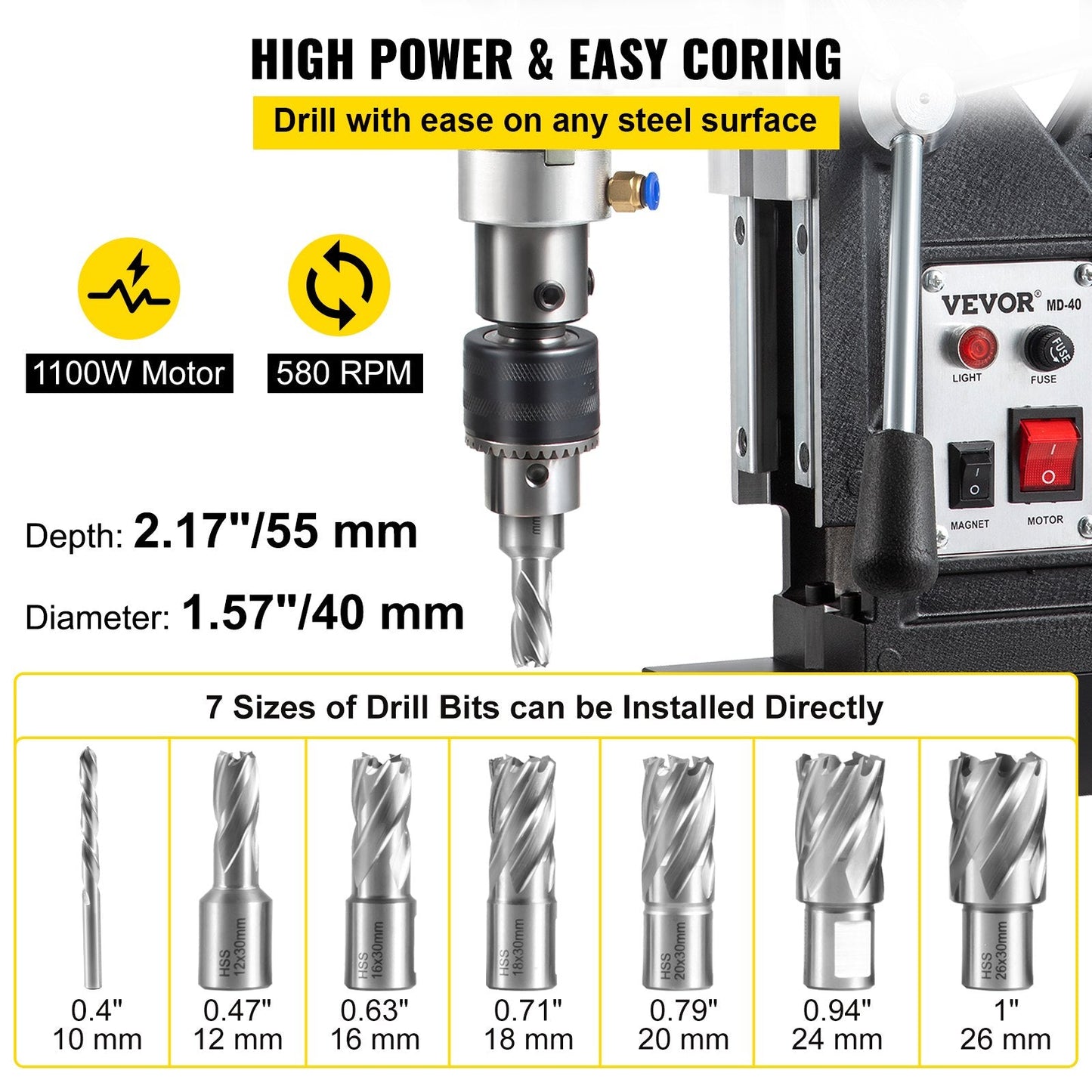 Powerful 1100W Magnetic Drill with 40mm Boring Diameter and 12000N Suction Power