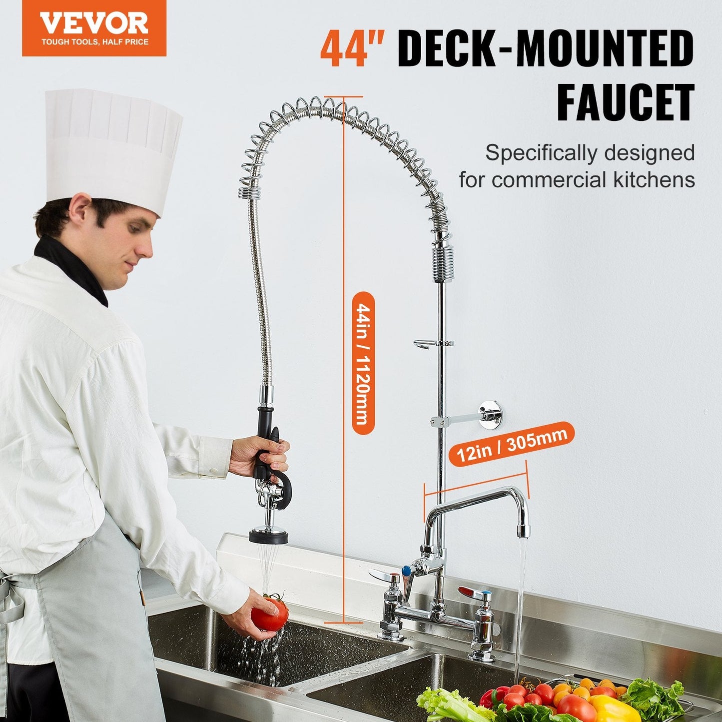 Commercial Brass Kitchen Faucet with Pre-Rinse Sprayer, 1.1m Height, Deck Mount