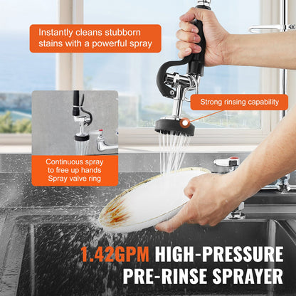 VEVOR Commercial Faucet with Pre-Rinse Sprayer, 44" Height, 8" Center, 12" Swing