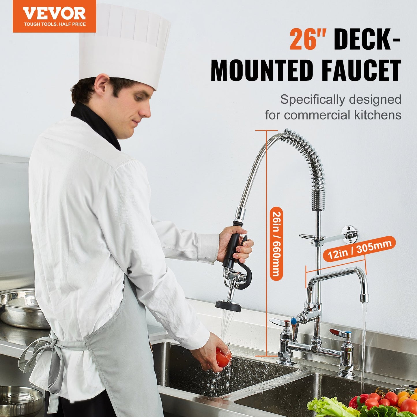 VEVOR Commercial Faucet with Pre-Rinse Sprayer, 26" Height, 8" Center, 12" Swing