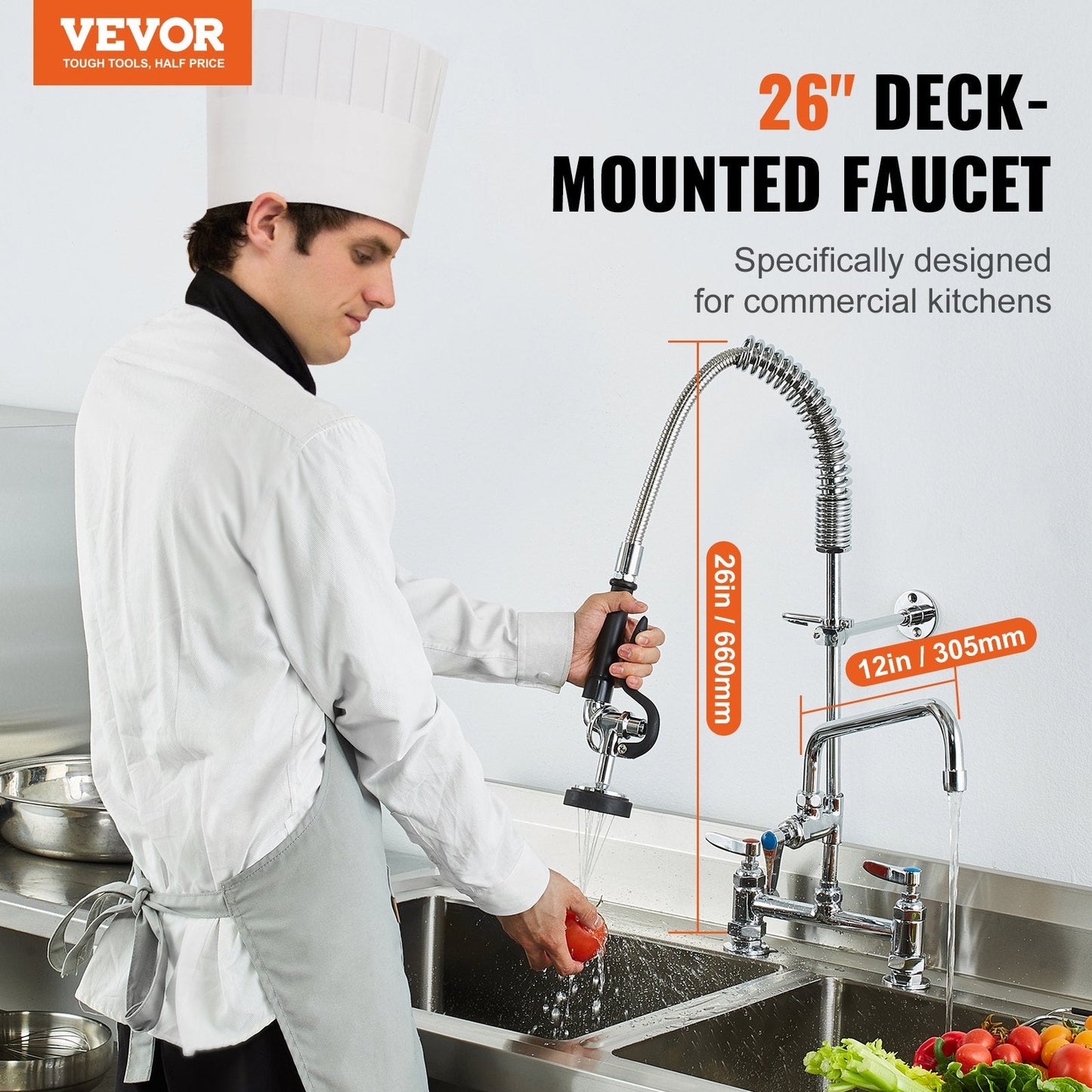Commercial Kitchen Faucet with Pre-Rinse Sprayer, 0.66m Tall, Dual Mode Spray