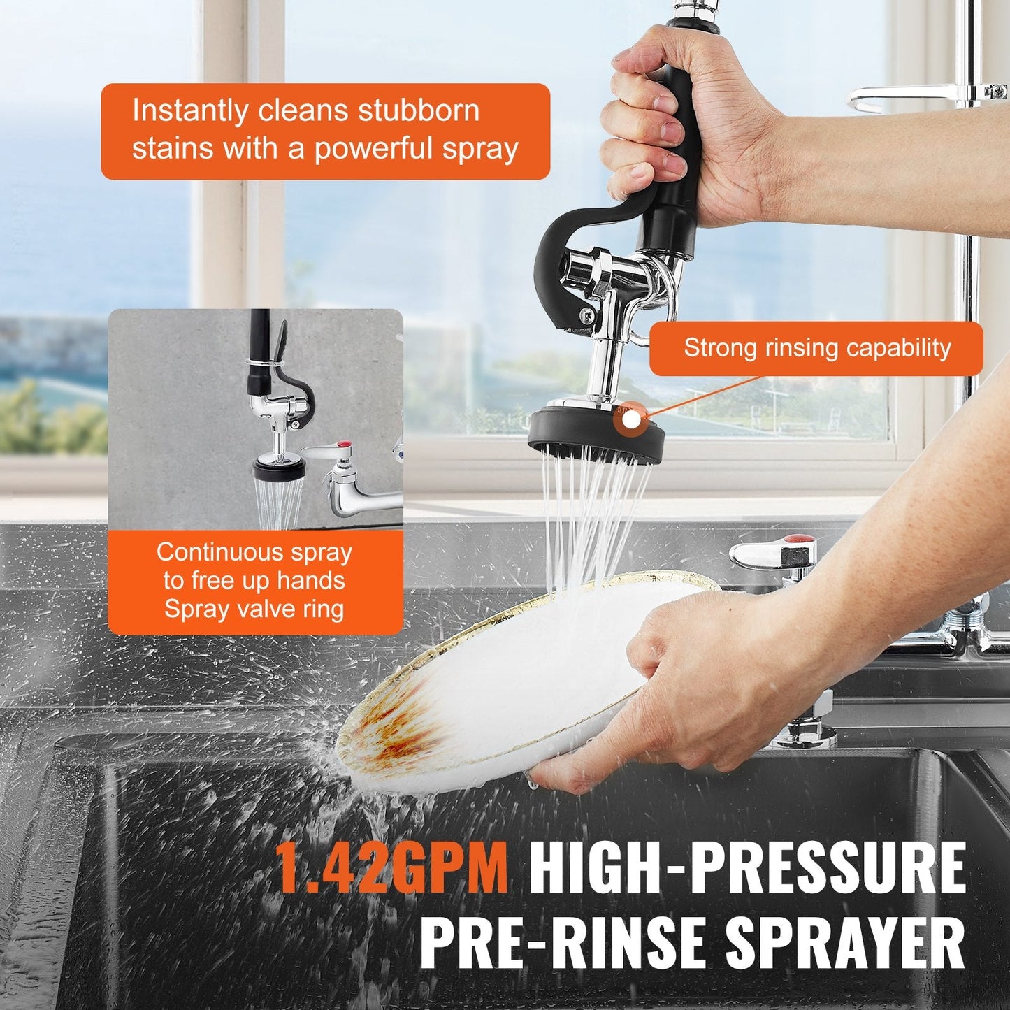 Commercial Kitchen Faucet with Pre-Rinse Sprayer, 0.66m Tall, Dual Mode Spray