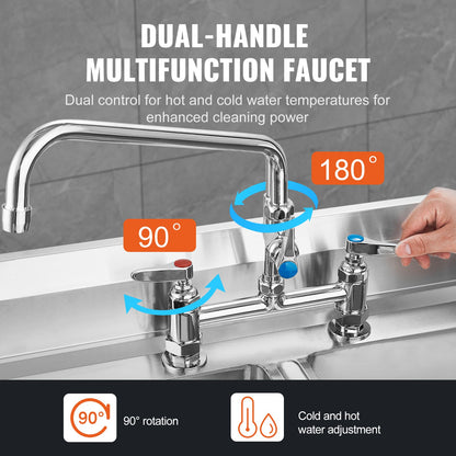 VEVOR Commercial Faucet with Pre-Rinse Sprayer, 26" Height, 8" Center, 12" Swing