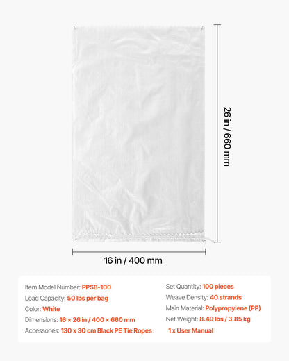 Empty Sandbags, 100 Packs 40 x 66 cm, Heavy Duty Sand Bags Sacks with Ties, 22.6kg Capacity Woven Polypropylene Sandbags, Tear-Resistant & UV-Resistant Sand Bags for Flood Protection Barrier