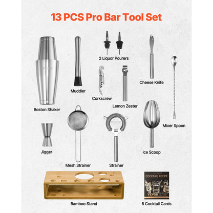 VEVOR Cocktail Shaker Set 13 Pcs Bartender Kit Stainless Steel Bar Tools Silver