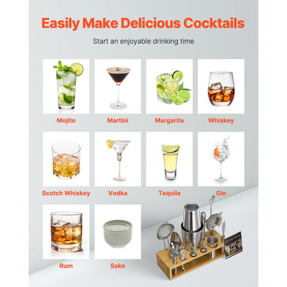 VEVOR Cocktail Shaker Set 13 Pcs Bartender Kit Stainless Steel Bar Tools Silver