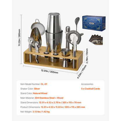 VEVOR Cocktail Shaker Set 13 Pcs Bartender Kit Stainless Steel Bar Tools Silver