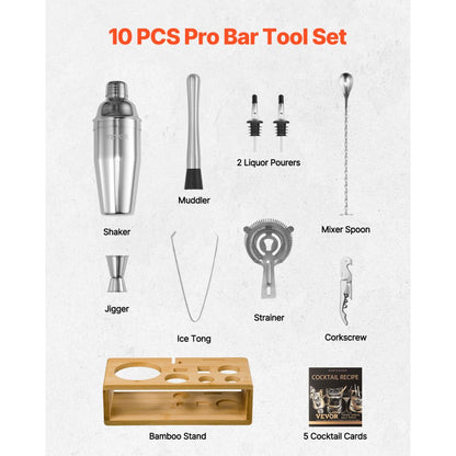 VEVOR Cocktail Shaker Set 10 Pcs Bartender Kit Stainless Steel Bar Tools Silver