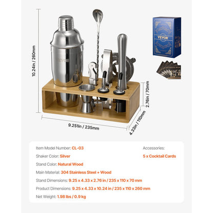 VEVOR Cocktail Shaker Set 10 Pcs Bartender Kit Stainless Steel Bar Tools Silver