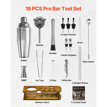 VEVOR Cocktail Shaker Set 18 Pcs Bartender Kit Stainless Steel Bar Tools Silver