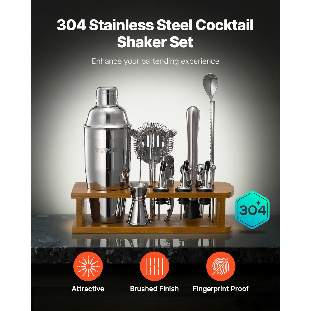 VEVOR Cocktail Shaker Set 18 Pcs Bartender Kit Stainless Steel Bar Tools Silver