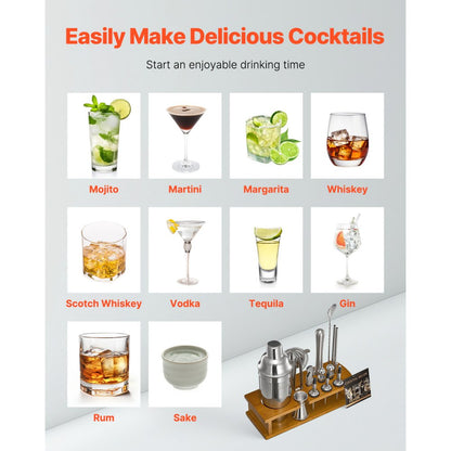 VEVOR Cocktail Shaker Set 18 Pcs Bartender Kit Stainless Steel Bar Tools Silver