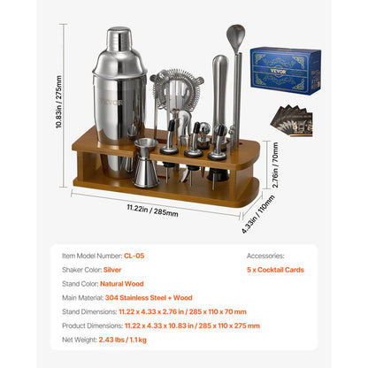 VEVOR Cocktail Shaker Set 18 Pcs Bartender Kit Stainless Steel Bar Tools Silver