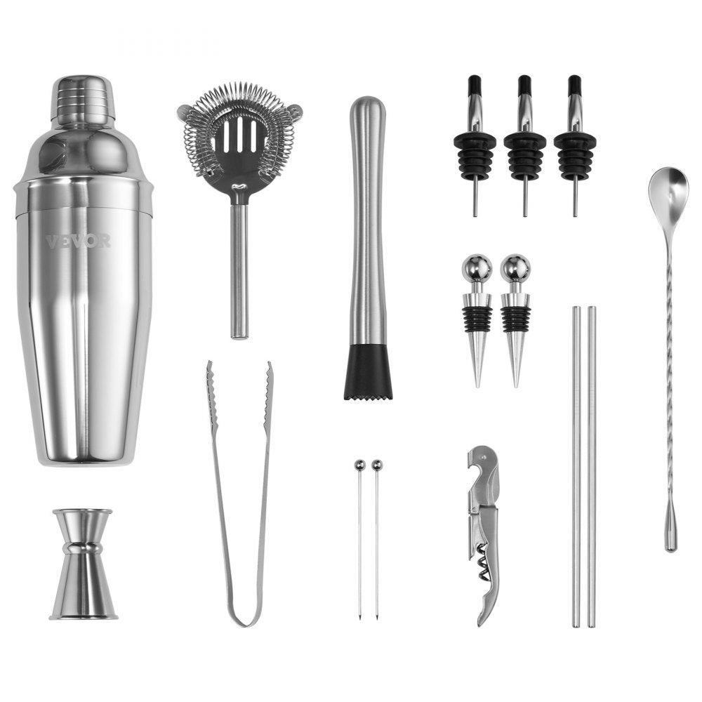VEVOR Cocktail Shaker Set 18 Pcs Bartender Kit Stainless Steel Bar Tools Silver