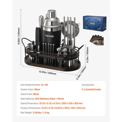 VEVOR Cocktail Shaker Set 23 Pcs Bartender Kit Stainless Steel Bar Tools Silver